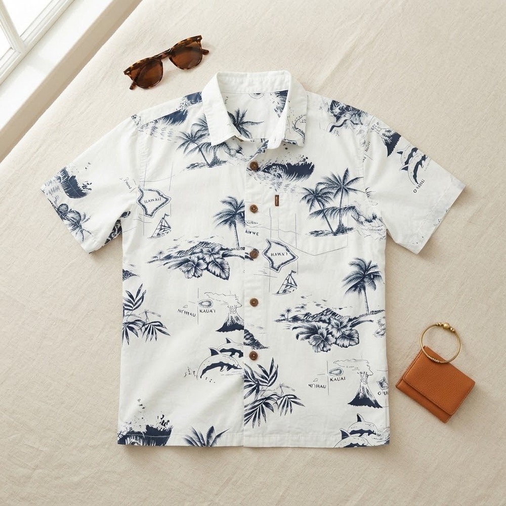 Palmwave Hawaiian Shirt Mens M White Navy Map Print Tropical Beach Aloha Vibe